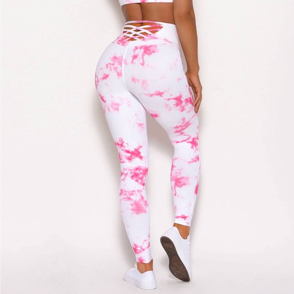 Bombshell Sportswear Sexy Back Leggings Pink & White Tie Dye